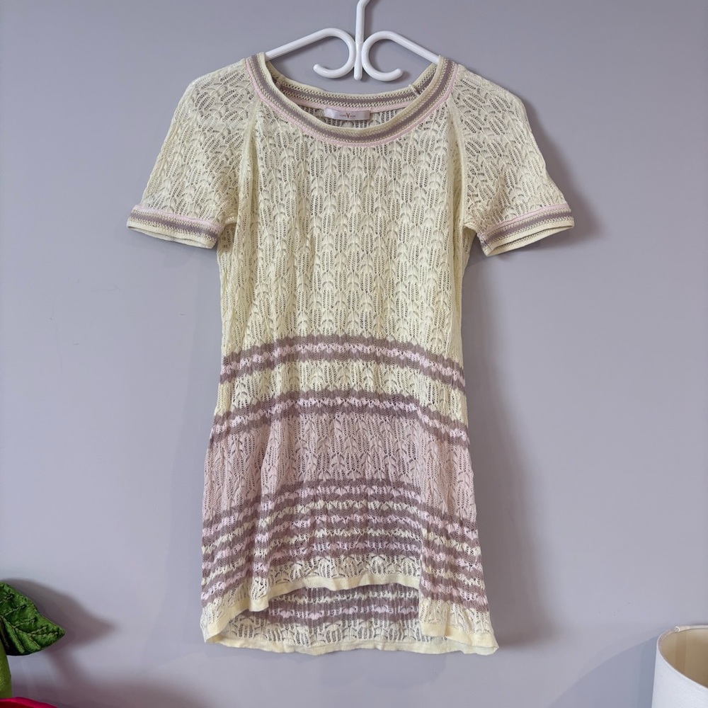 VINTAGE Votre Nom Cream and Pink Babydoll Knit Dress, Coquette Crochet Coverup 🎀